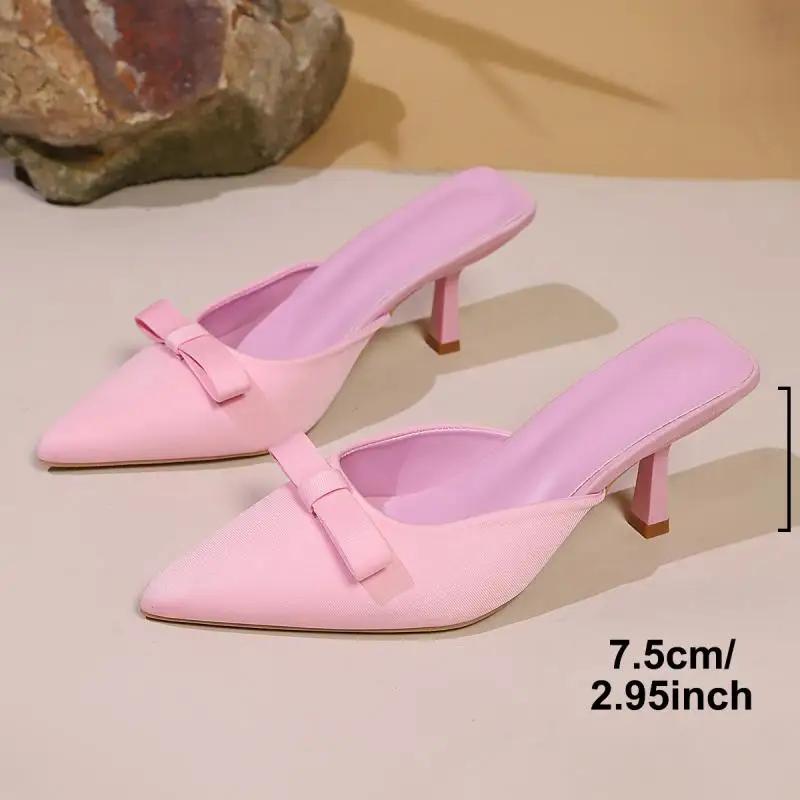 Fashion Pointed Toe Pink Bowtie High Heels Mules Shoes Woman Slip On Thin Heeled Princess Pumps Women Sweet Summer 2025 Sandals Mujer
