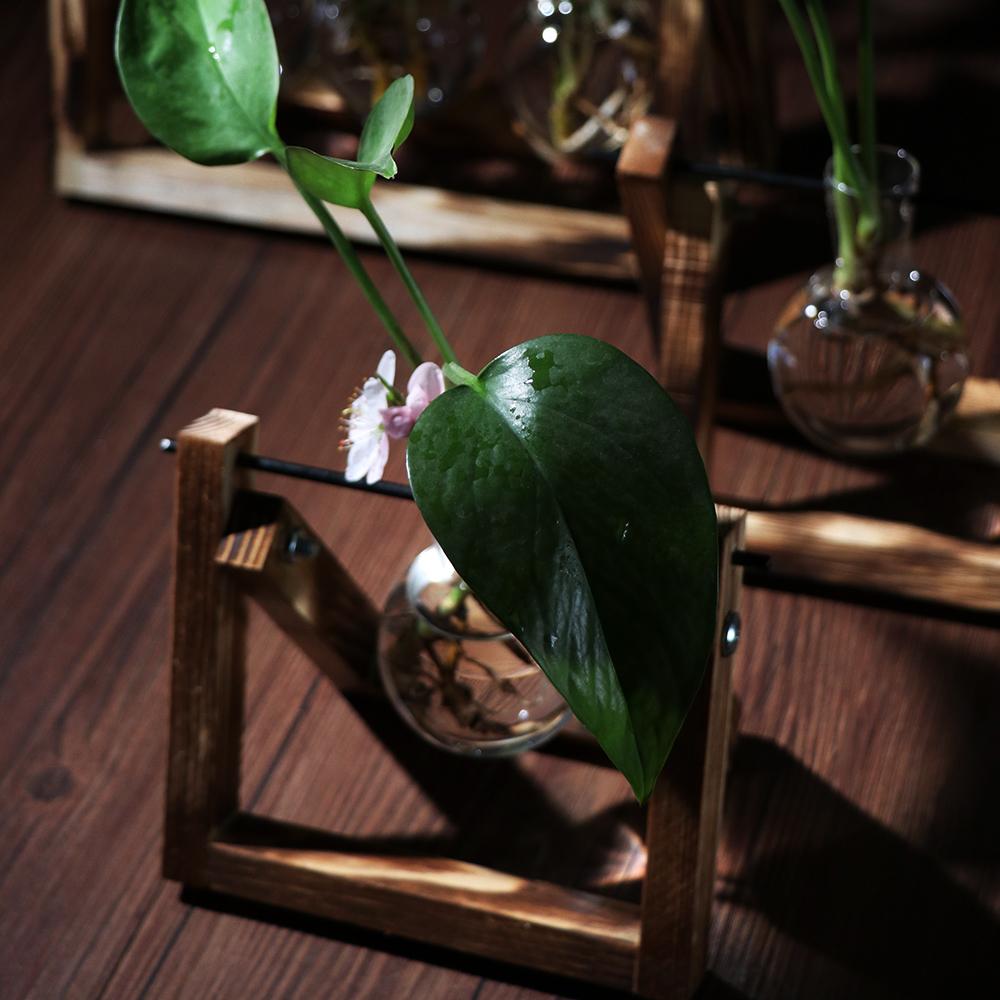 Vintage Wooden Frame Vase Plant Terrarium with Wooden Stand Glass Vase Desktop Glass Planter for