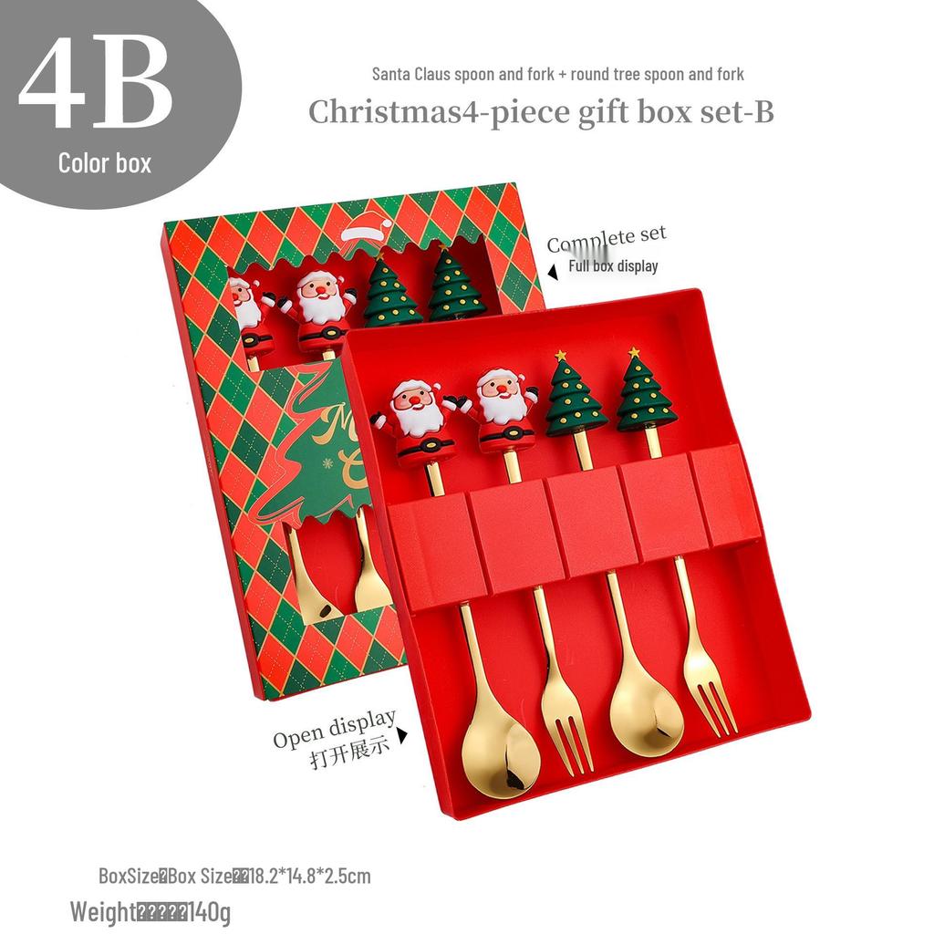 Cross-Border Christmas Stainless Steel Fork & Spoon Gift Set - Reindeer & Snowman Cartoon Pattern Dessert Gold Cutlery