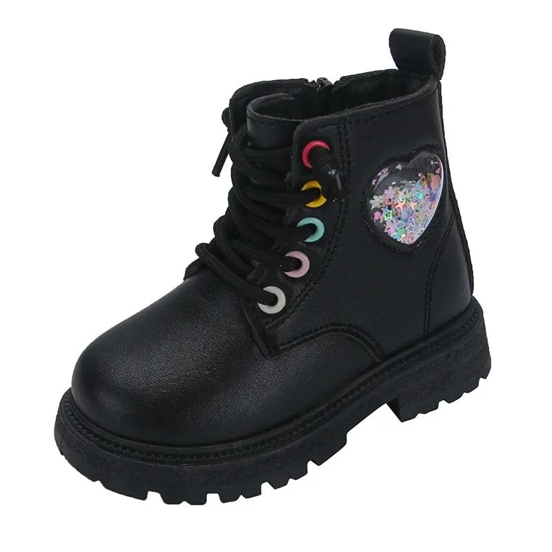 2024 Girls Boots Autumn Winter New Fashion Versatile Kids Ankle Boots School Korean Style Children's Boots Non-slip Heart Love