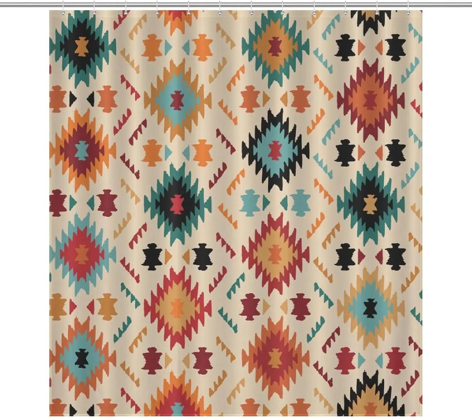 

Colorful Rustic Shower Curtain Southwest Family Bathroom Decoration 180X 180Cm Waterproof Shower Curtain With 12 Hooks W60H190(CM)-1 Pcs