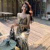 New Chinese suspender dress, ink painting, tie-dye, niche design, literary and artistic national style long skirt, holiday style photo skirt
