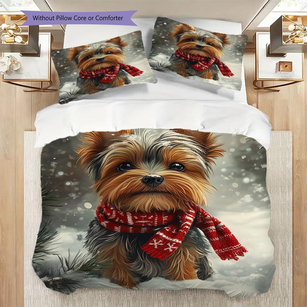 Yorkshire Terrier Pattern Bedding Quilt Set Quilt Cover Pillowcase Home Decoration Birthday Gift (1 * Duvet Cover + 2 * Pillowcase, Without Core)