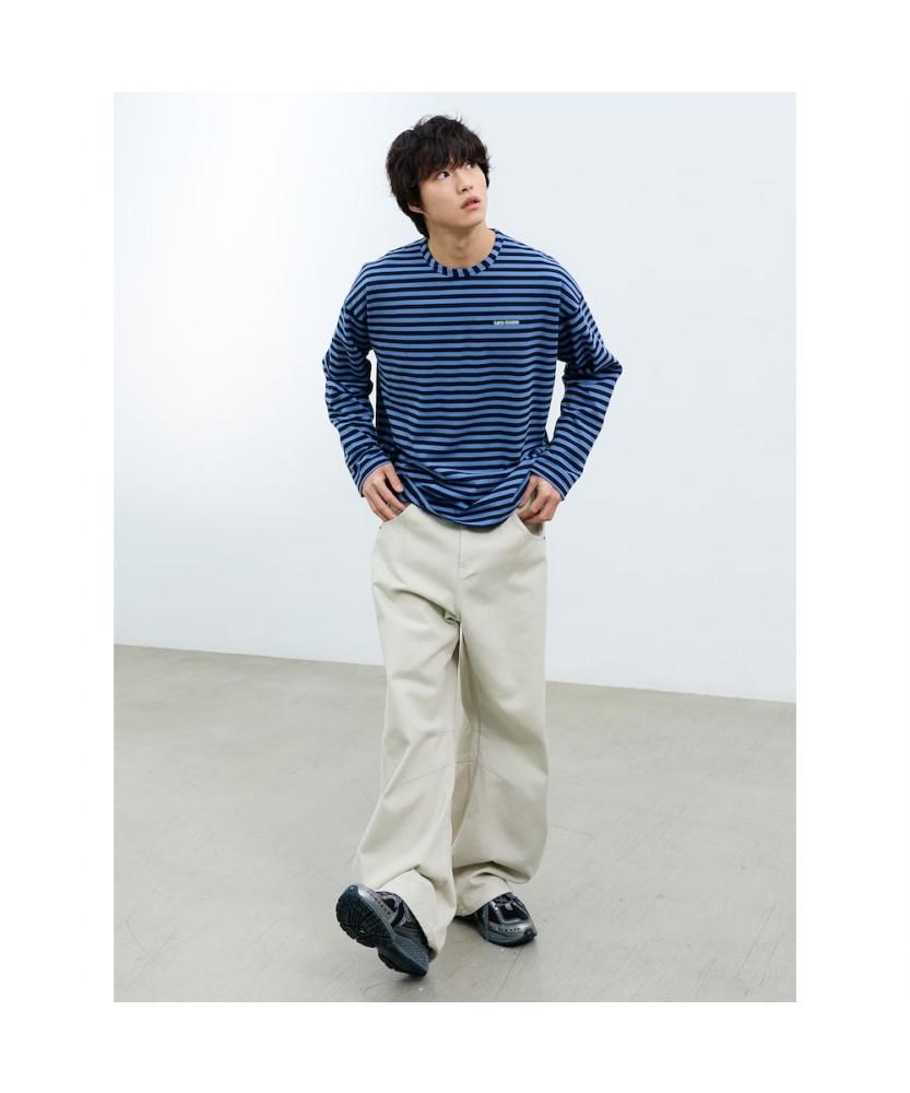 Saendeusaundeu (Unisex) Awning Stripe Long Sleeve T-Shirt Blue