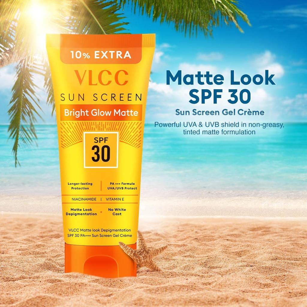 VLCC Bright Glow Matte SPF 30 PA++ Sunscreen Gel Crème 100g + 10g Extra Non-Greasy Tinted Matte