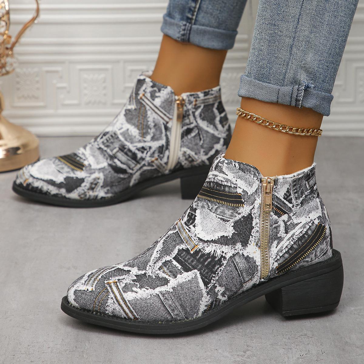 

Европейские и американские короткие джинсовые сапоги на среднем каблуке 2024 года, осень-зима, новые модные сапоги с заостренным носком и низким рукавом, с боковой молнией, Zapatillas 37 серый