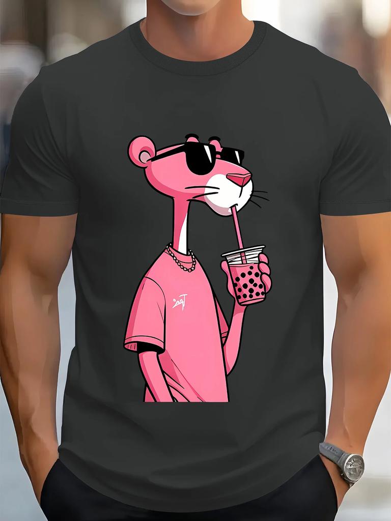 [ Retro Hiphop Tee] Casual  T-Shirt - Milk Tea Leopard Print, Crew Neck, Short Sleeve, All-Season Knit Fabric, Regular Fit