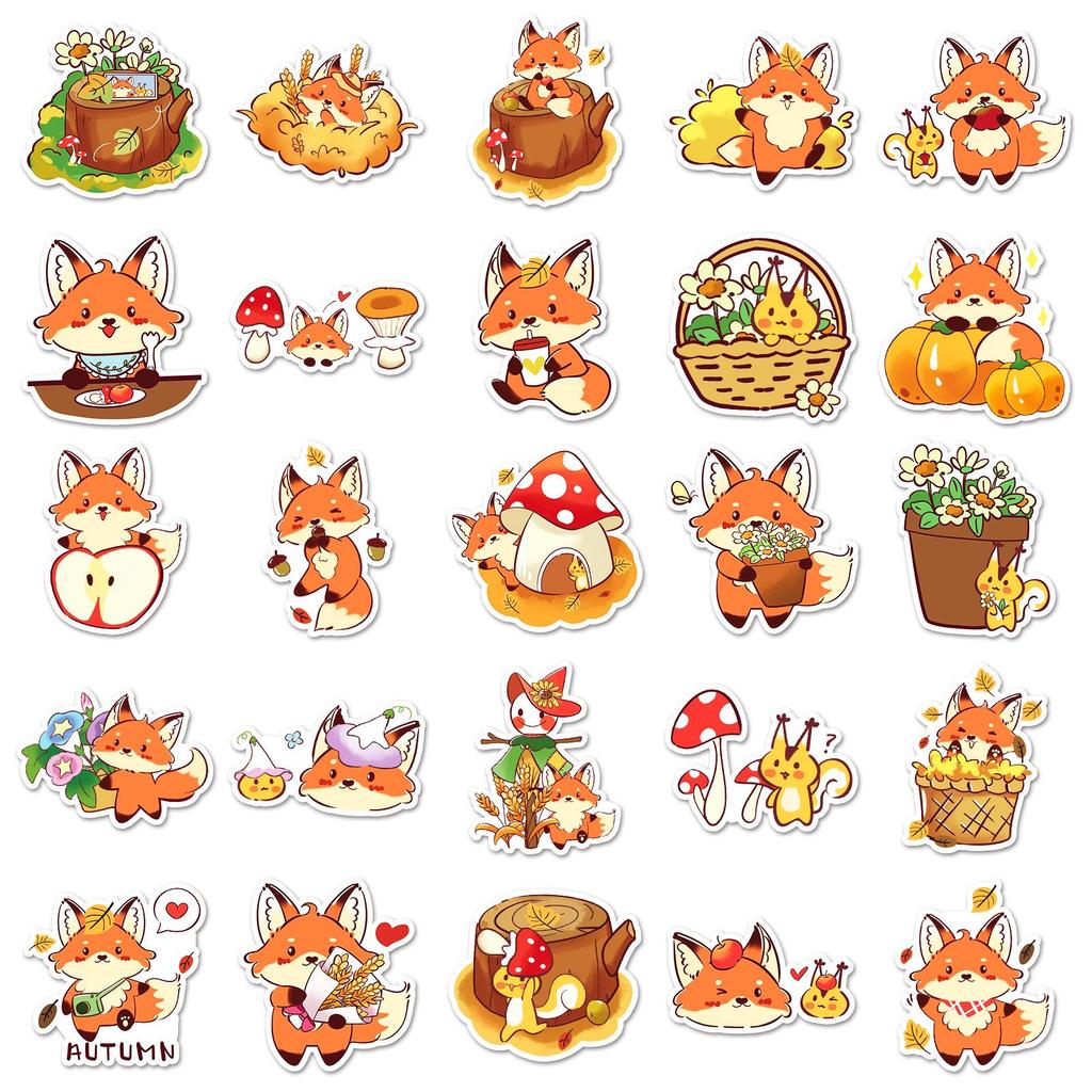50 Sheets of Hand-Painted Autumn Fox Stickers: Cute Animal Decorations for Planners & Fridges