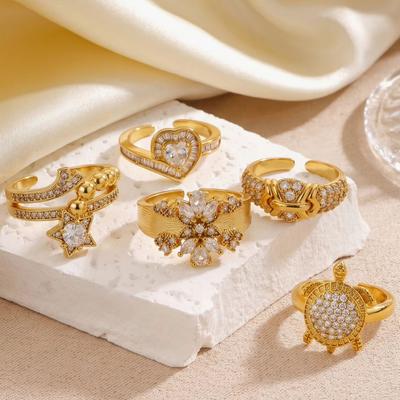 18K Gold-Plated Flower Cz Stainless Steel Ring Trendy Anti Fading Open Women'S Ring Wedding Jewelry Vacation Accessories Gifts