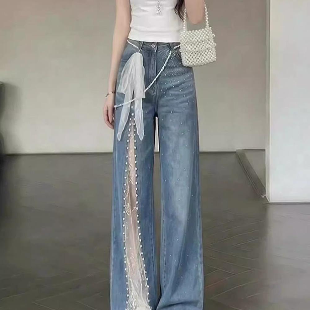 Women's High Waist Wide Leg Jeans Lace Patchwork Rhinestone Decor Loose Denim Pants