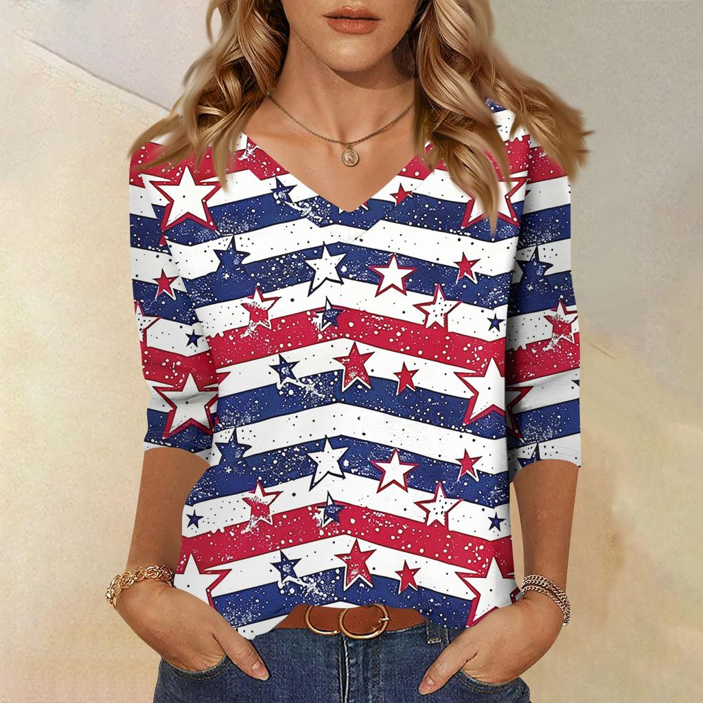 Trendy Vintage 3/4 Sleeve Top For Women,Ladies Casual Three Quarter Sleeve V-neck Printed T-Shirt Blouse
