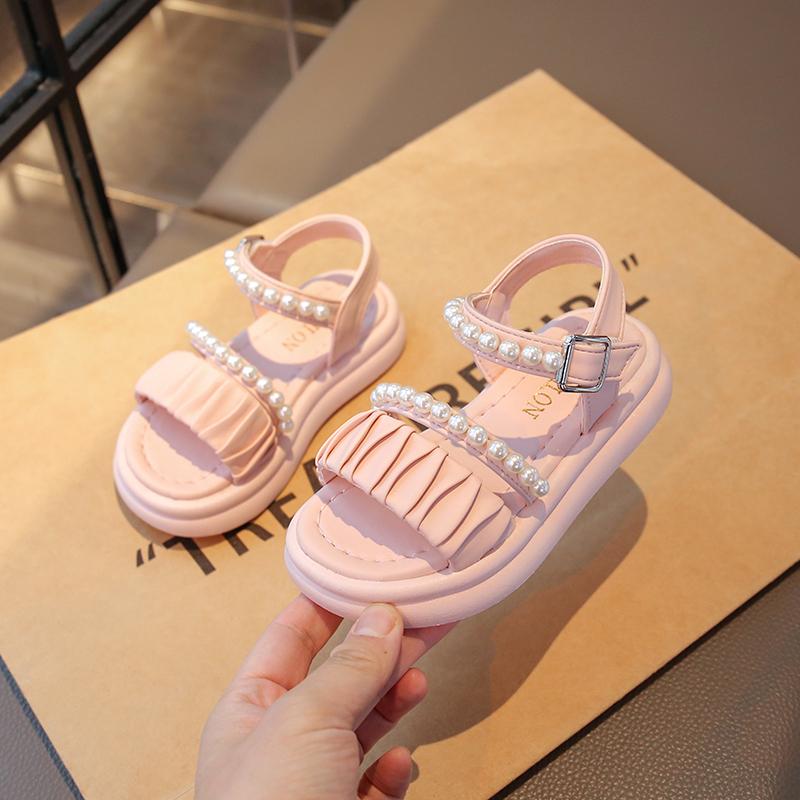 

Girls Princess Shoes Pleated Ins Trendy Kids Sandals Beads Sweet Soft Sole 2025 Summer New Children Beach Shoes Open Toes Cute 23 розовый