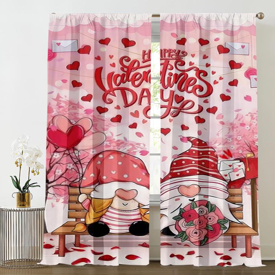 

Set Of 2 Pink Toned Gnome Valentine Day Curtains Soft Cute Style Bedroom Living Room Decorative Drawbar Pockets Curtain Polyester Ideal For Area W100*H70(CM)-Hooks&1PCS