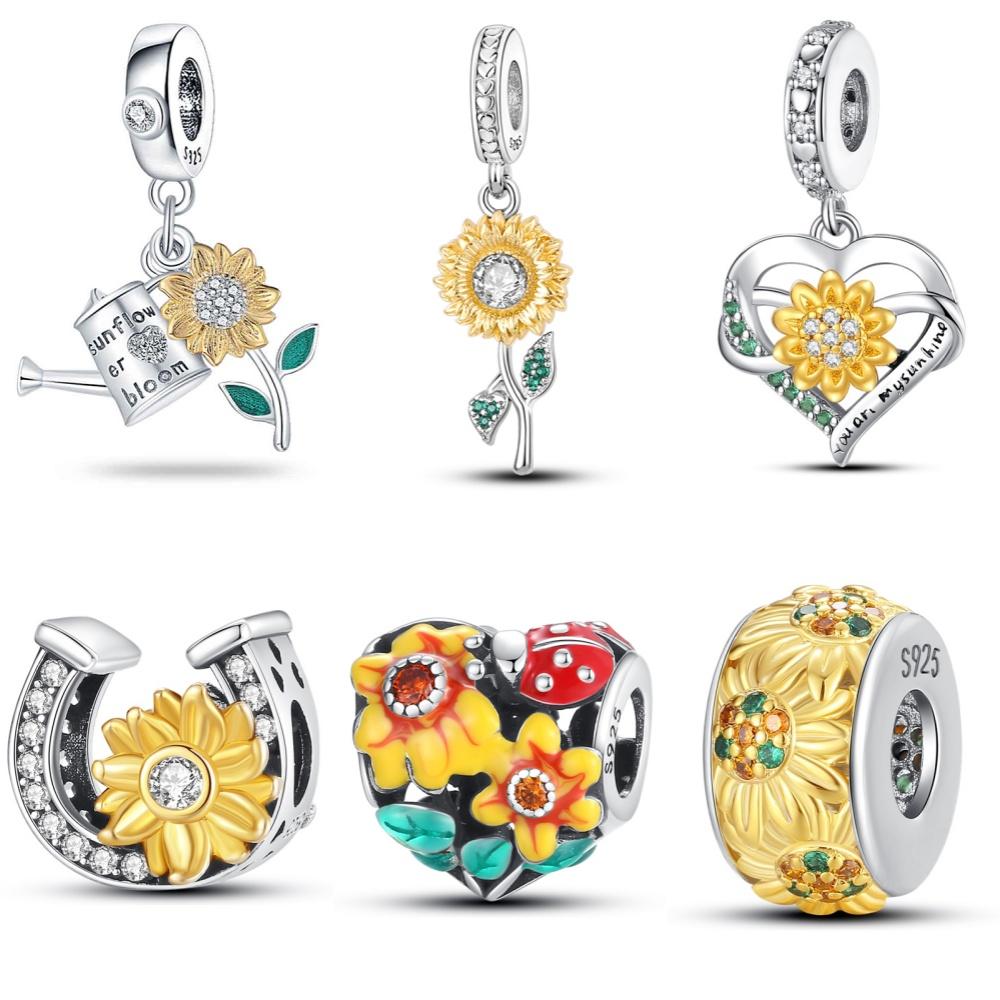 Copper Golden Sunflowers Heart Collection Charm Bead Charms Bead Charms Compatible With Authentic Fine Bracelets Do It Yourself Jewellery Anniversary