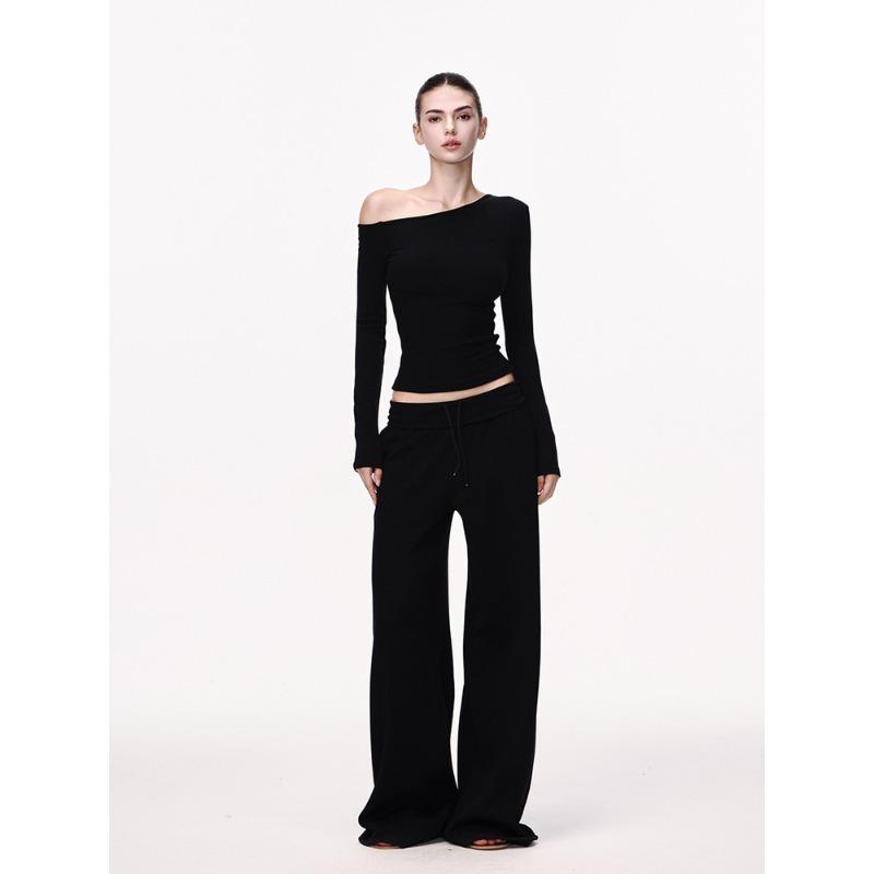 Black Long-sleeved Shirt Women's Spring One-word Shoulder Slim-fitting and Thin Bottoming Shirt Slanted Shoulder Short American Sexy Top