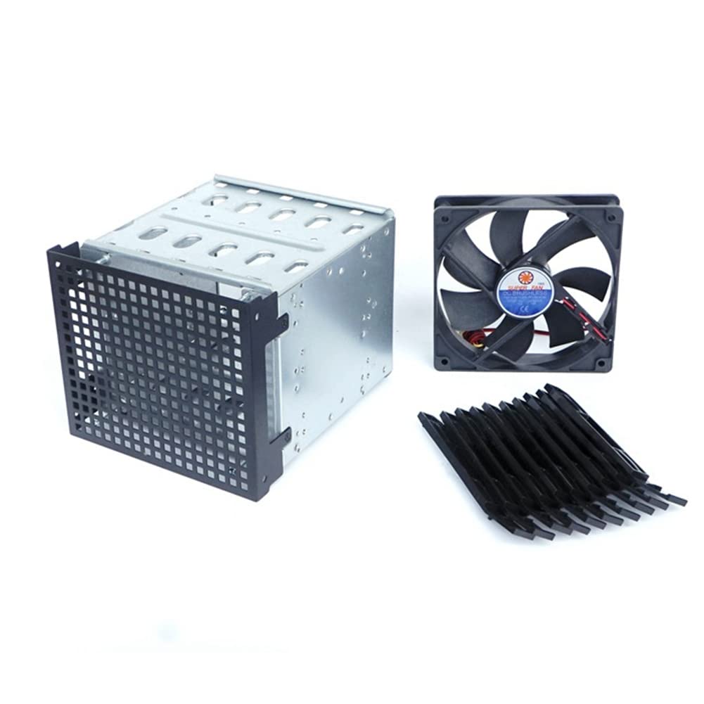 Dovhmoh Storage Expansion Hard Drive Cage, DIY Hard Drive Disk Cage Rack, 5.25-inch to 5x3.5-inch Brackets, with 12cm Fan