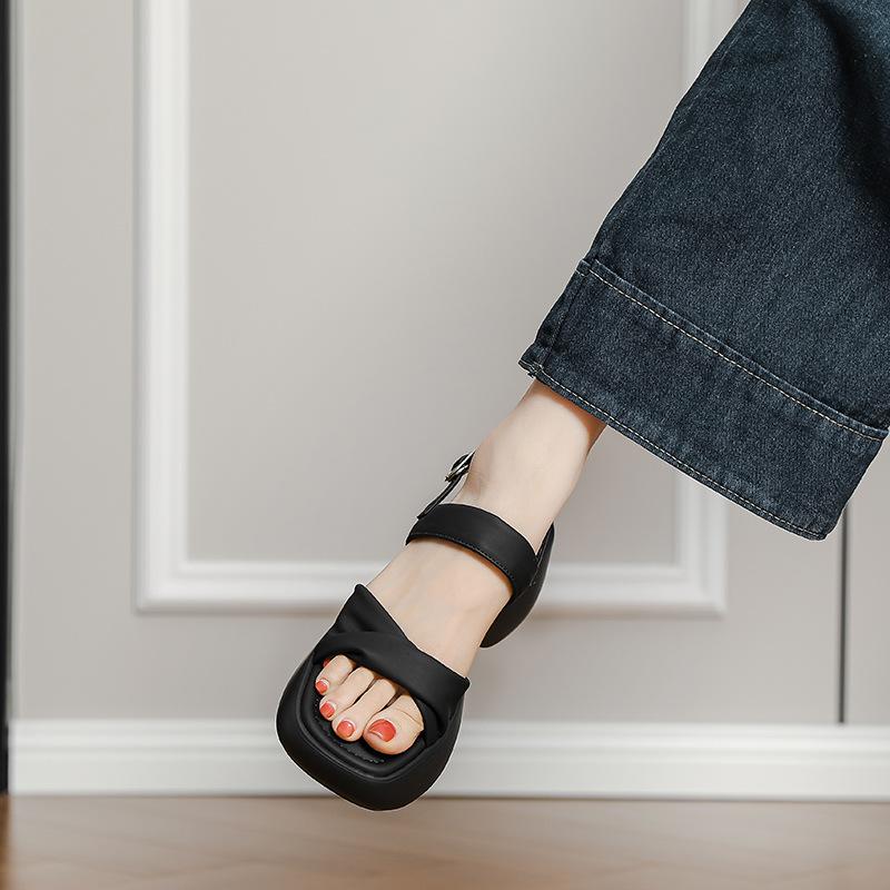 New Korean version of casual word with round head open toe heightening muffin heel thick bottom soft bottom stepping on shit Roman sandals women