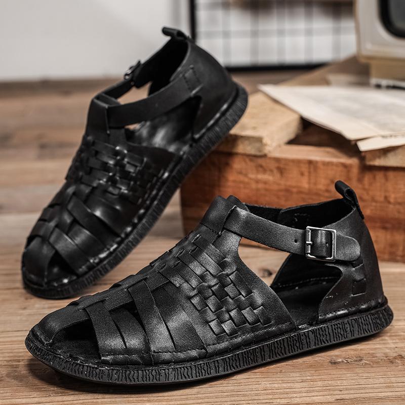 Sandals Summer Men Cozy Hollow Non-slip Soft Cool Sandals Lighted Breathable Classic Wearable Fashion Genuine Leather Sandals