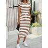 Women's Black and White Striped Slit Round Neck Casual Dress