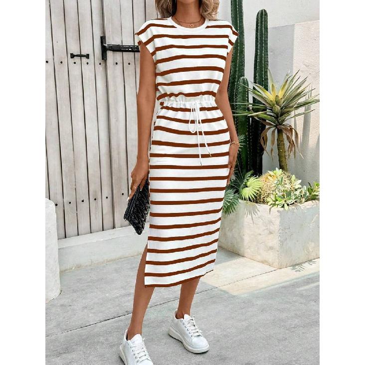 Women's Black and White Striped Slit Round Neck Casual Dress