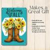 1PC 2D Flat Metal Tin Sign, Welcome Y'all Cowboy Boots Sunflower Wall Decor, Rustic Farmhouse 12x8 Inch Iron Plaque