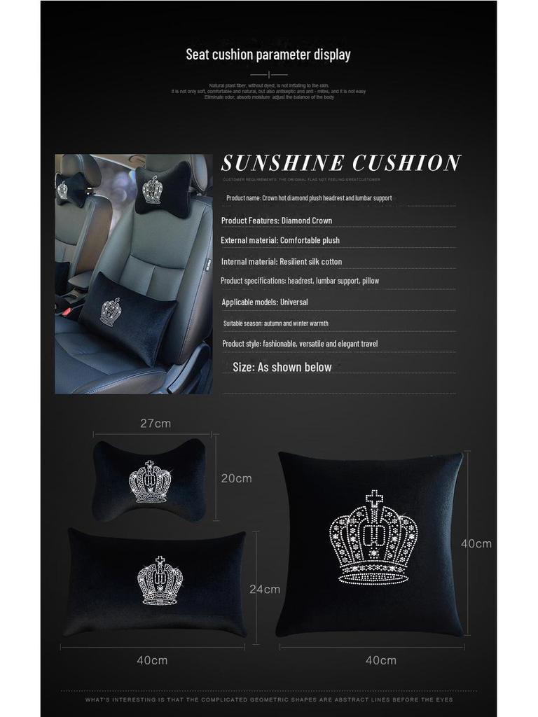 Diamond Car Headrest Pillow and Waist Cushion Set with Neck Pillow - Car Interior Comfort Kit