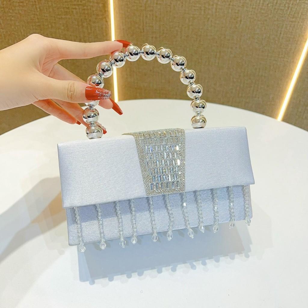 Silk Clutch Bag With Glittering Rhinestones For Evening Party And Wedding Use