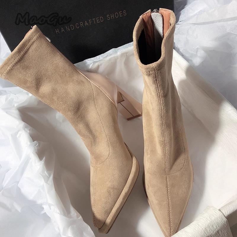 Fashion Botines Para Mujeres High Heeled Back Zip Suede PU Women's Short Boots Elegant Pointed Toe Modern Shoes Office Lady Botas Mujer