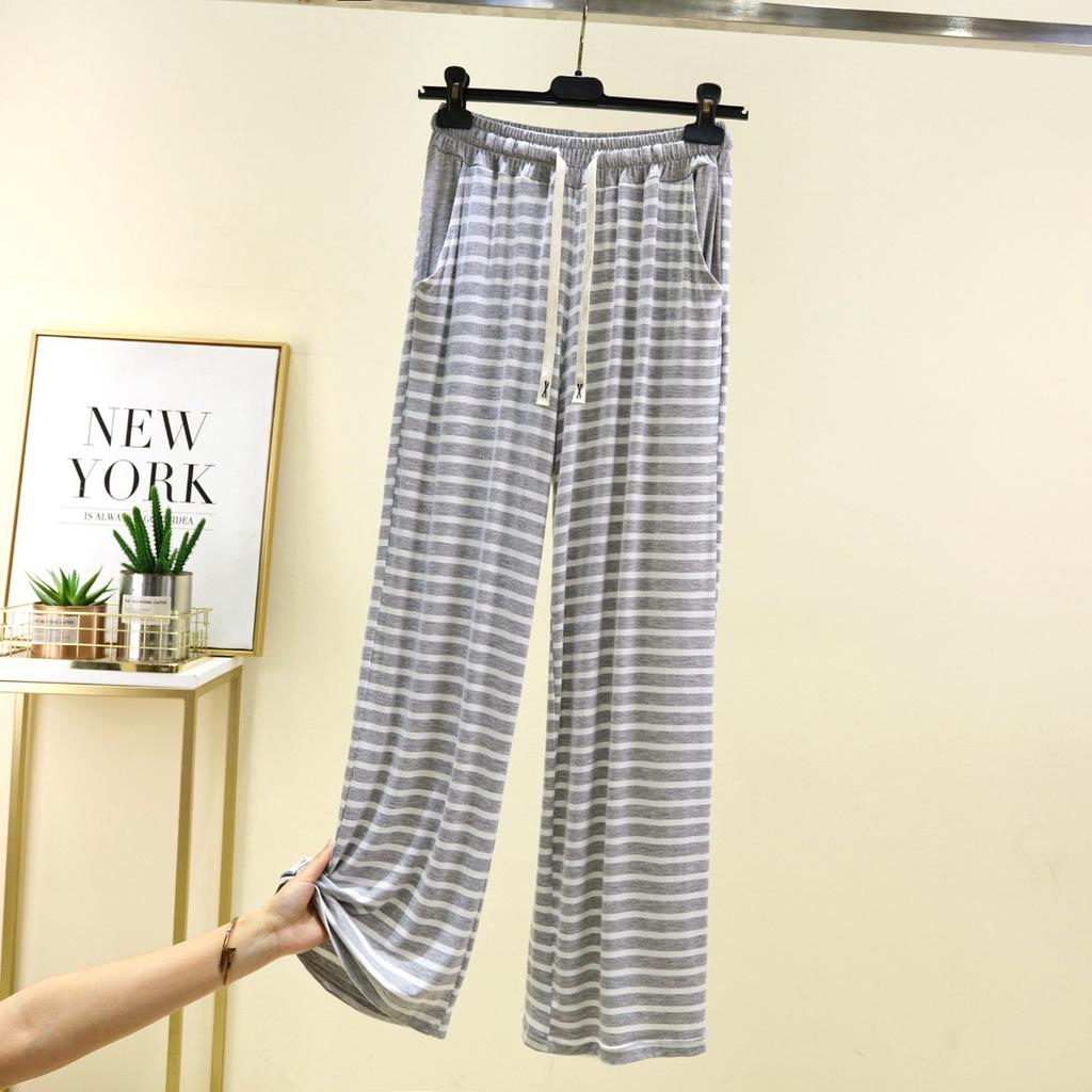 Women's Modal Striped Wide Leg Pants Summer Thin Straight Trousers Loose Casual Pajama Pants With Pockets Plus Size Draped Loungewear