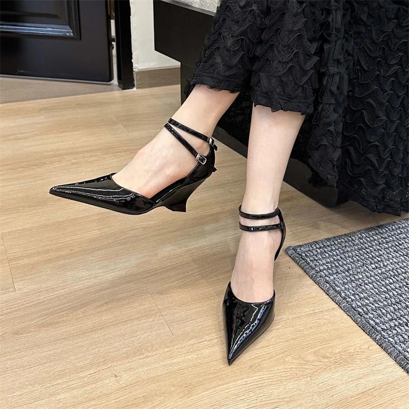 Fashion Eilyken Fashion Pointed Toe Wedges Heels Women Pumps Fashion Double Buckle Strap Sandals Wedding Party Mule Shoes