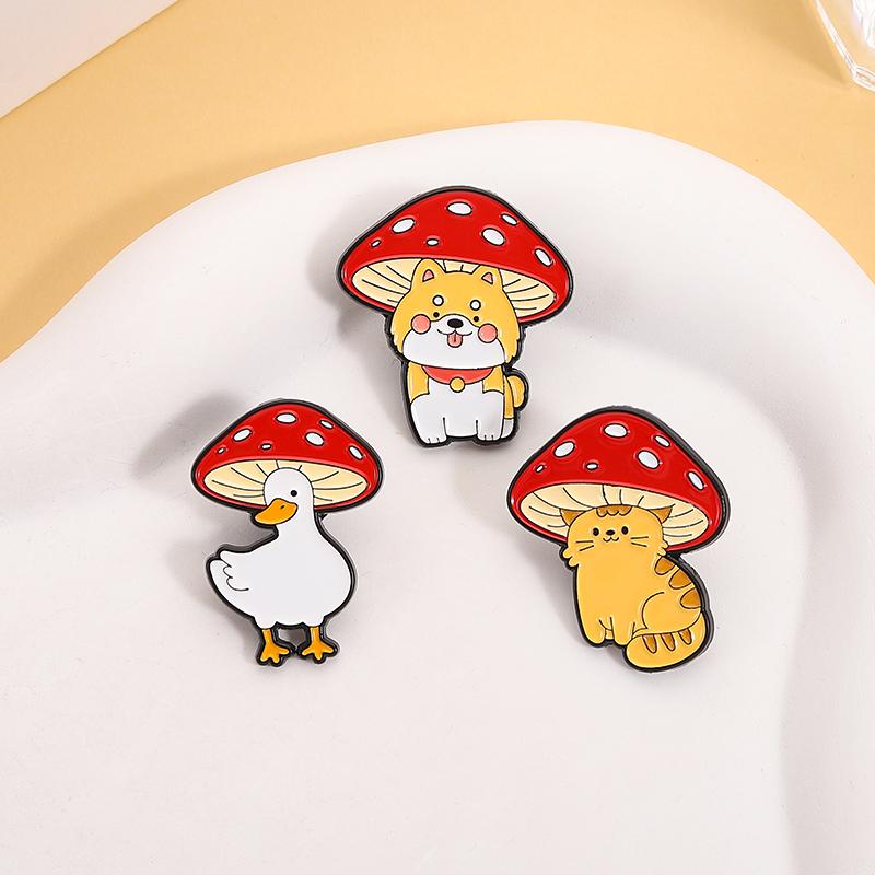 Kawaii Cat Under Mushroom Cap Enamel Pins Cute White Goose Dog Cartoon Animal Brooches Lapel Badge Jewelry Gifts for Friends