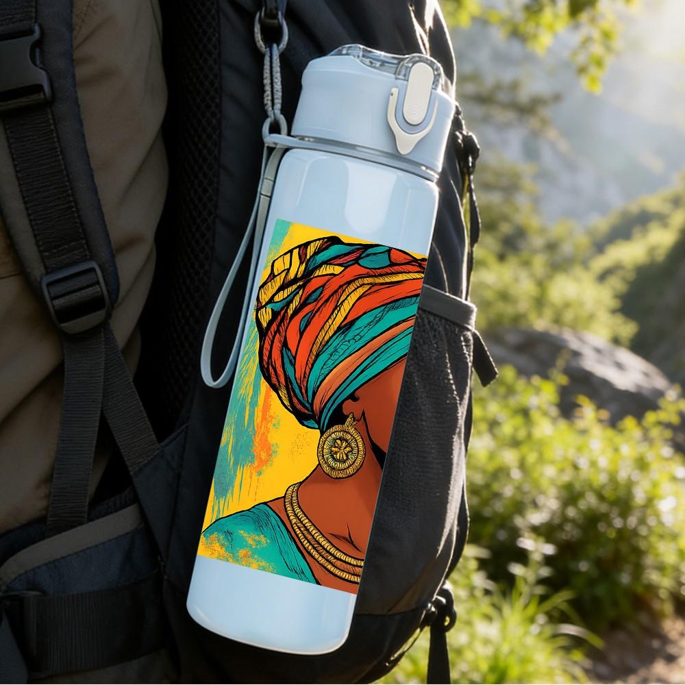 1PC African Girl Colorful Turban Print 750ml Color Plastic Sports Water Bottle Leakproof Flip Straw Lid Suitable for Sports Office Home Use