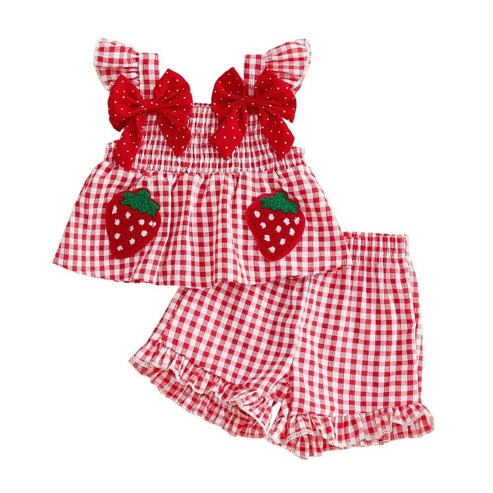 

2pcs/set Ruffled Trim Summer Outfit Strawberry Embroidered Toddler Clothes Set 6M-3Y XS: 6-9M червоний