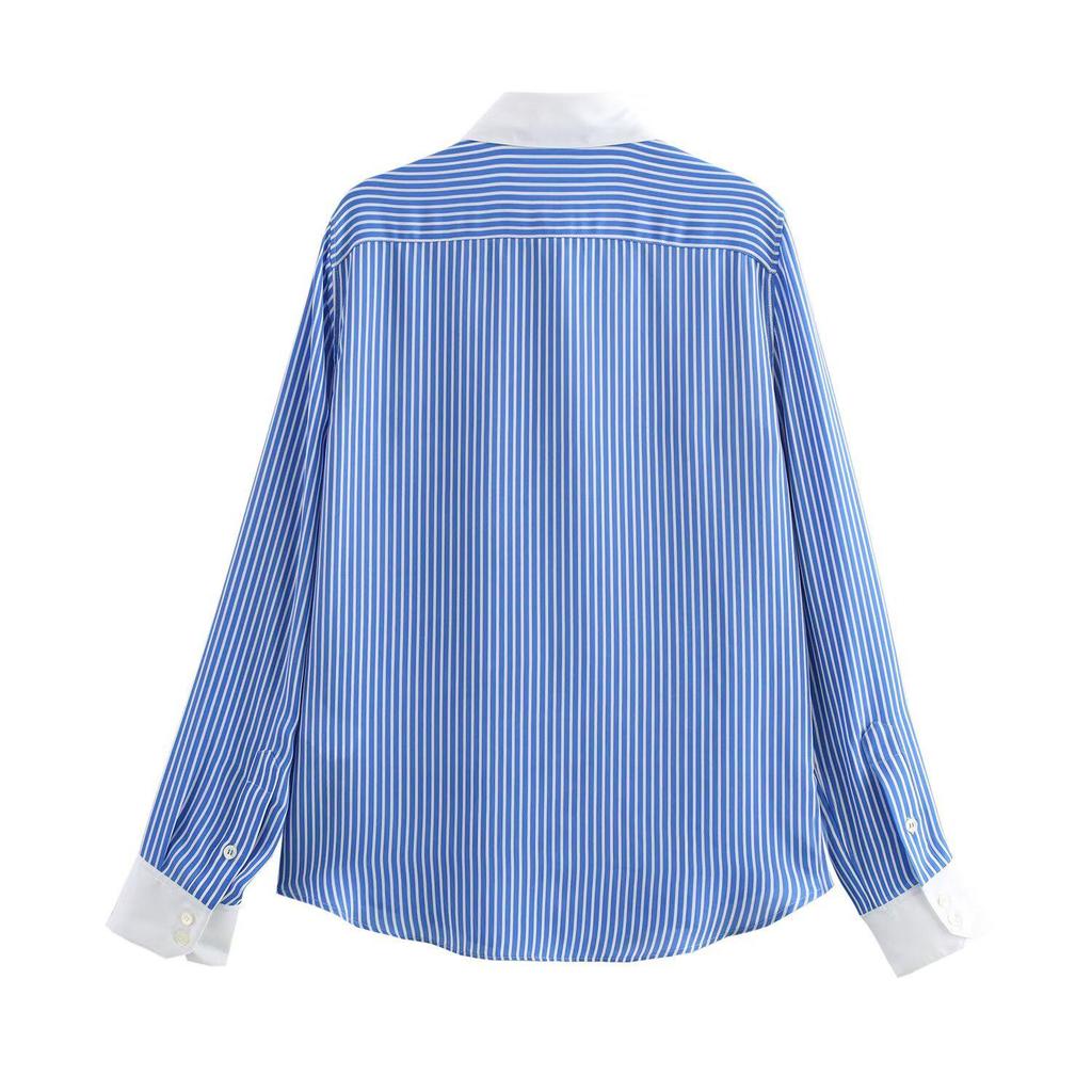 Color Block Striped Faux Silk Long Sleeve Shirt - European & American Style
