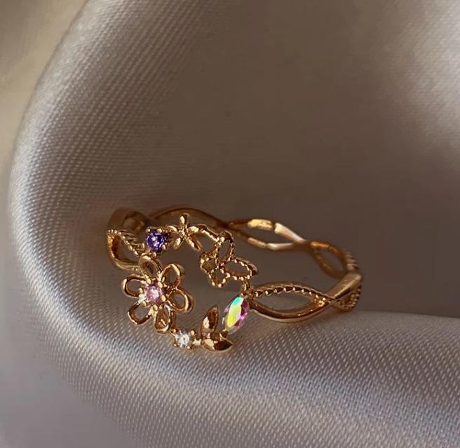 New Cute Colorful Zircon Flower Ring For Women Girl Fashion Vintage Zircon Adjustable Rings Jewelry Gift