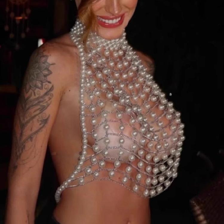 Pearls Body Chain Bra Multilayer Pearls Chest Chains Body Accessories Jewelry for Women Nightclub Raves Body Jewelry