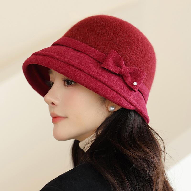 Wool Bucket Hat Women's Autumn and Winter Retro Bow Top Hat Winter Warm Foldable Tweed Bucket Hat - Face- Fisherman