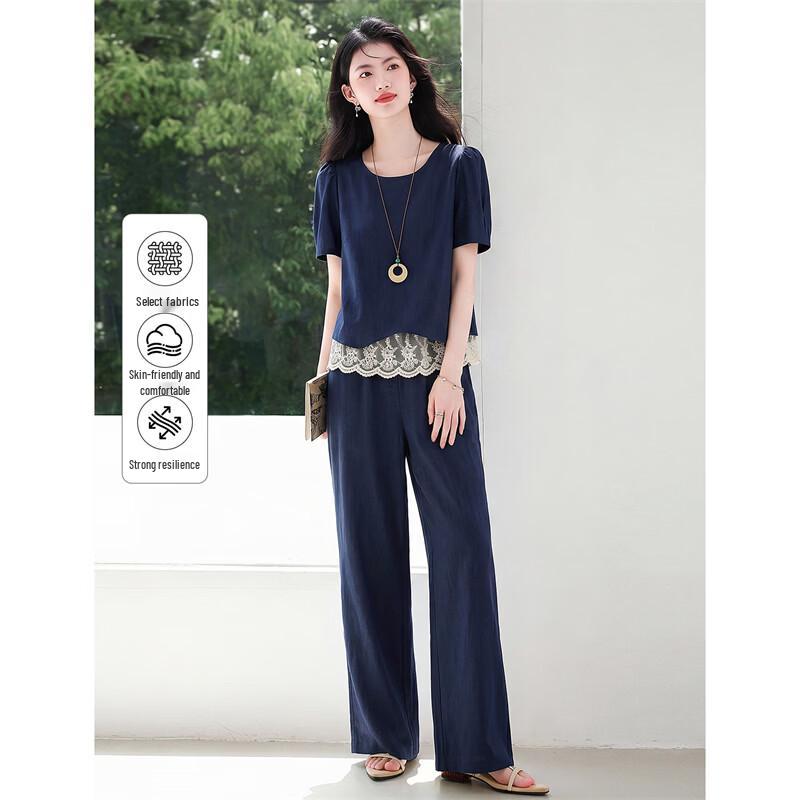 Women's Lace-Spliced Linen Blend Two-Piece Pants Set