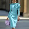 Women's Round Neck Slim Fit Dress with 3D Floral Side Accents, Color for Everyday Wear