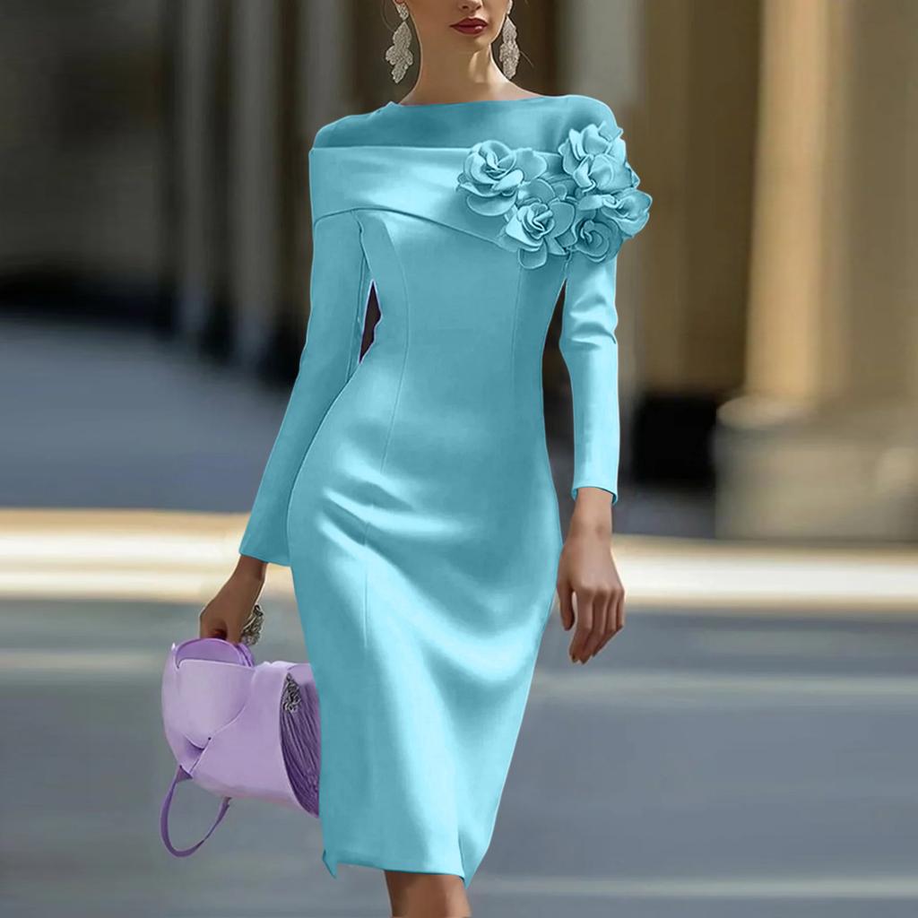 Women's Round Neck Slim Fit Dress with 3D Floral Side Accents, Color for Everyday Wear