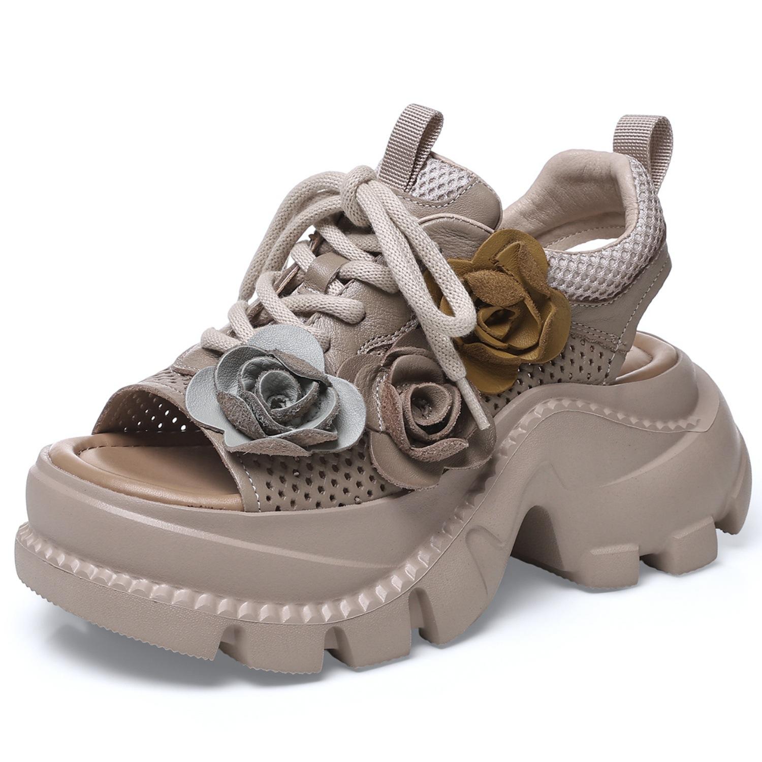 

Johnature Thick Soled Wedges Shoes Hollow Out Breathable Peep Toe Sandals Genuine Leather Flower Women s Shoes 38 різнокольоровий