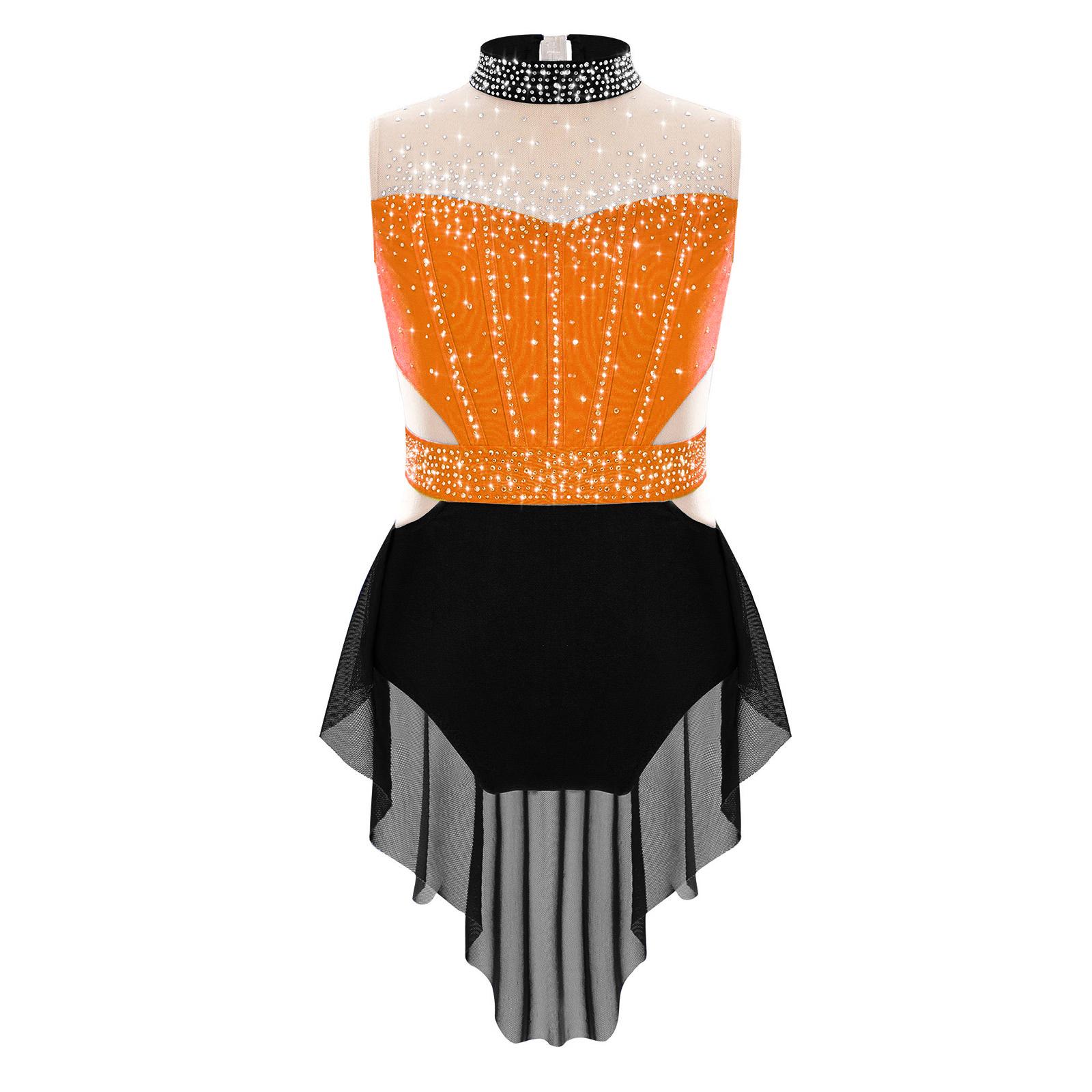 

Дитячий купальник з спідницею, з коміром-стійкою, без рукавів, з блискучими стразами, кольоровими блоками та сітчастими вставками, танцювальний костюм 11-12 Years чорний/помаранчевий