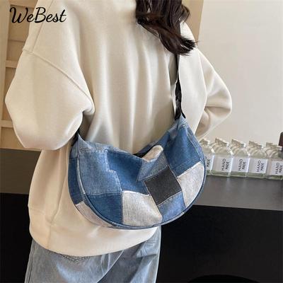 Checkered Denim Bag for Women 2025 New Large Capacity Single Shoulder Underarm Bag Casual Versatile Crossbody Dumpling Bag