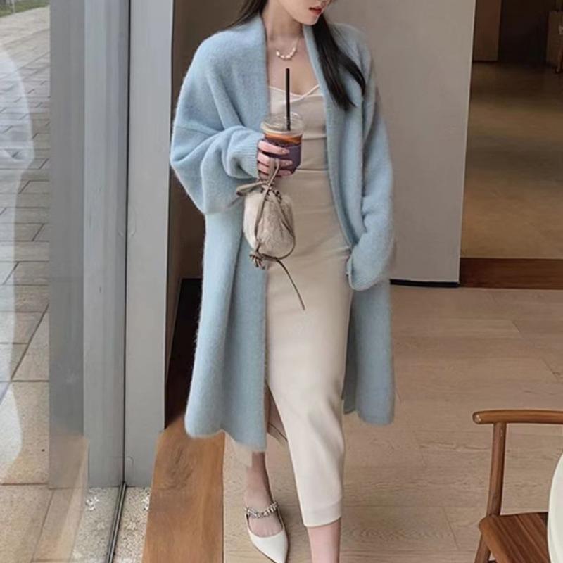 Lässiger Wind mittellanger und knielanger Strick-Cardigan-Pulloverjacke Damen locker Herbst und Winter Retro Strick-Cardigan-Mantel Damen