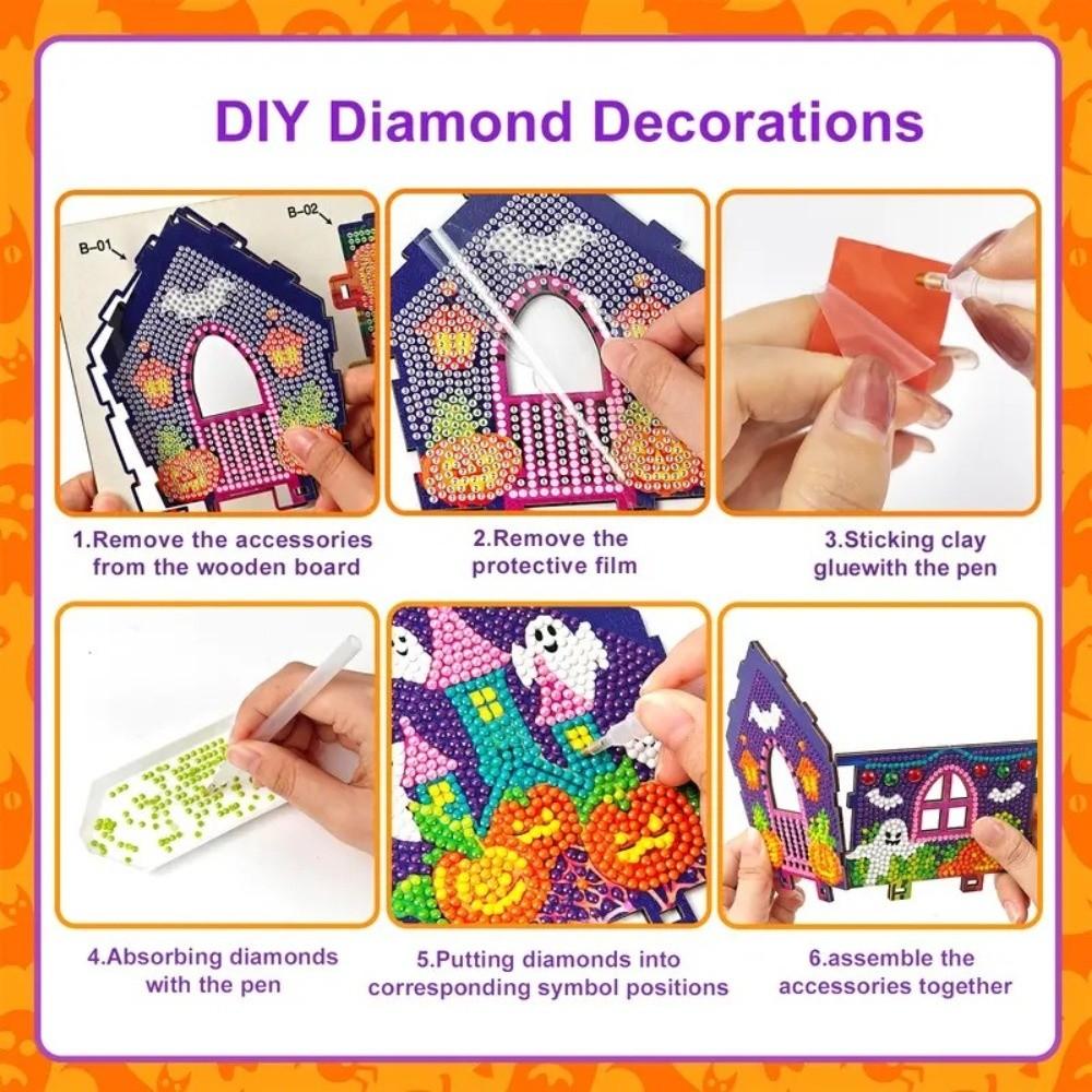 3D Wooden House Halloween Rhinestone Painting Kit Cute Handmade Craft Set Party Decor