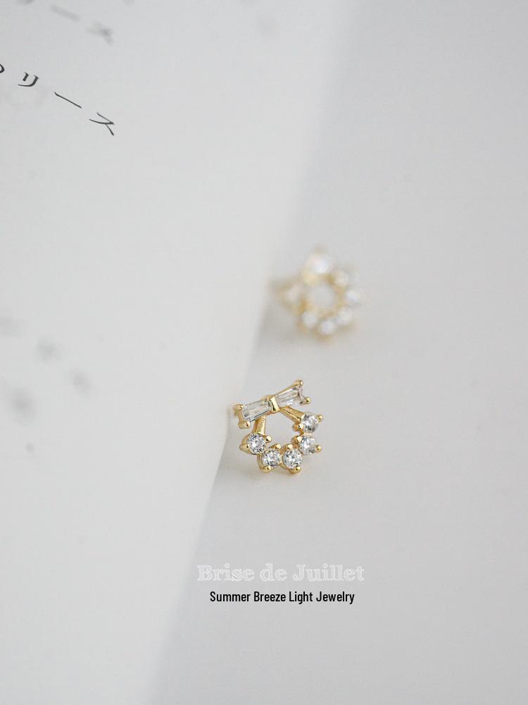 Gold-Plated S925 Sterling Silver Bow Ear Studs with Zircon - Versatile Japanese Korean Style for Women Gold Pair (with Silver Ear Plugs)