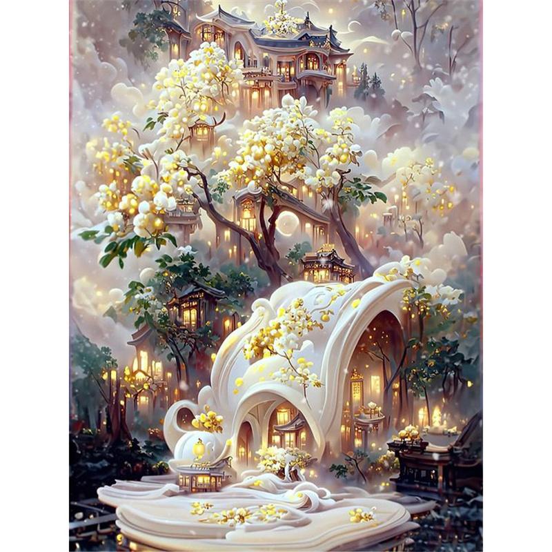 5D DIY Diamantmaling Naturlandskap Husbygning Diamantbroderi Maling Full Rund Diamantmosaikk DIY Hjemmedekor Gave