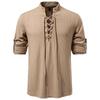 Men's Long Sleeve Henley Shirts Vintage Stand Collar Pullover Tops Casual Tee Shirt with Drawstring Comfortable Athletic Workout T-Shirts for Men