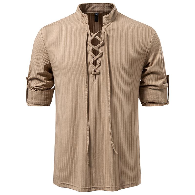 Men's Long Sleeve Henley Shirts Vintage Stand Collar Pullover Tops Casual Tee Shirt with Drawstring Comfortable Athletic Workout T-Shirts for Men