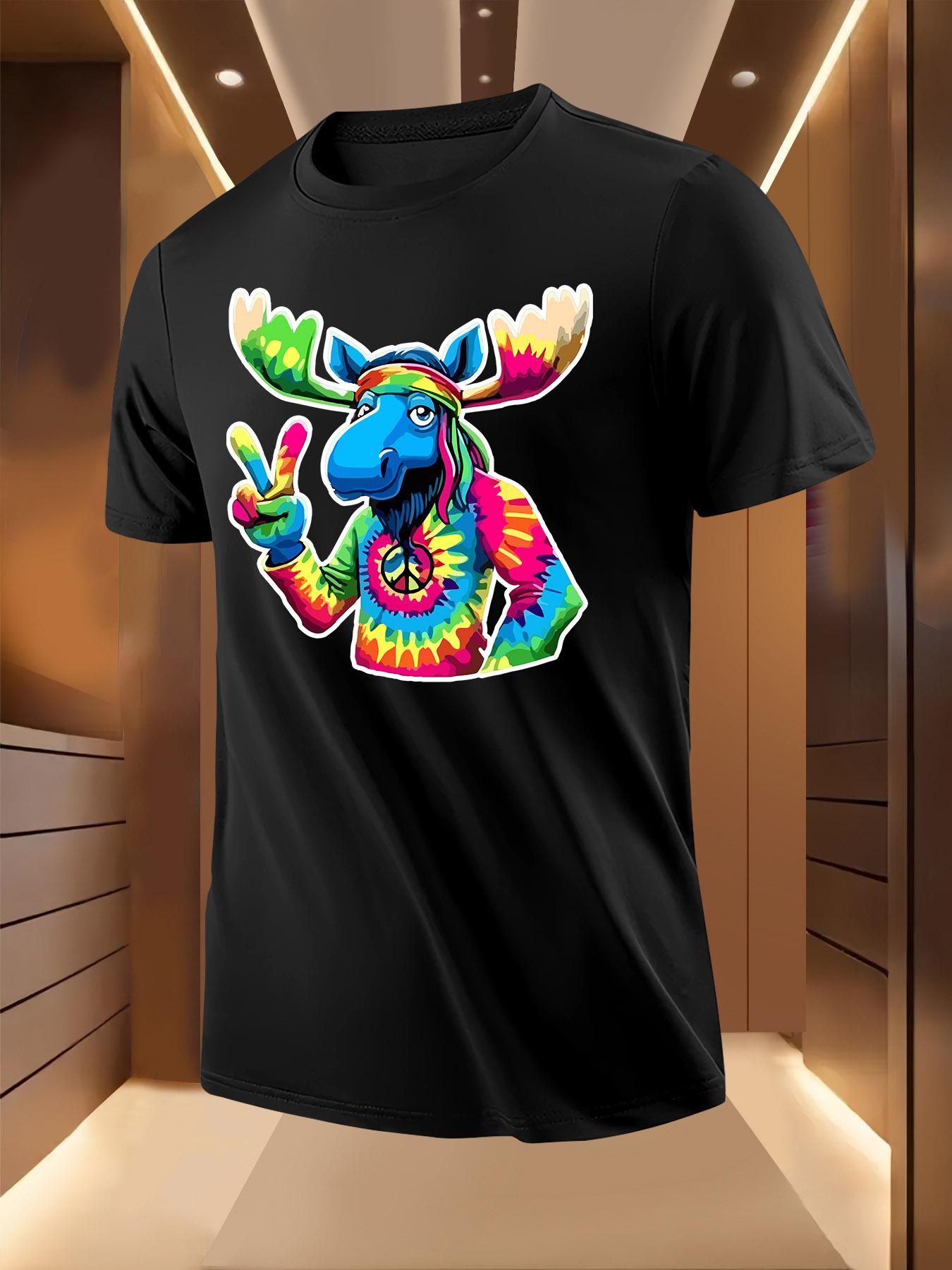 Hippie Rainbow Moose Print Tshirt - Vibrant Tie-Dye Design XL